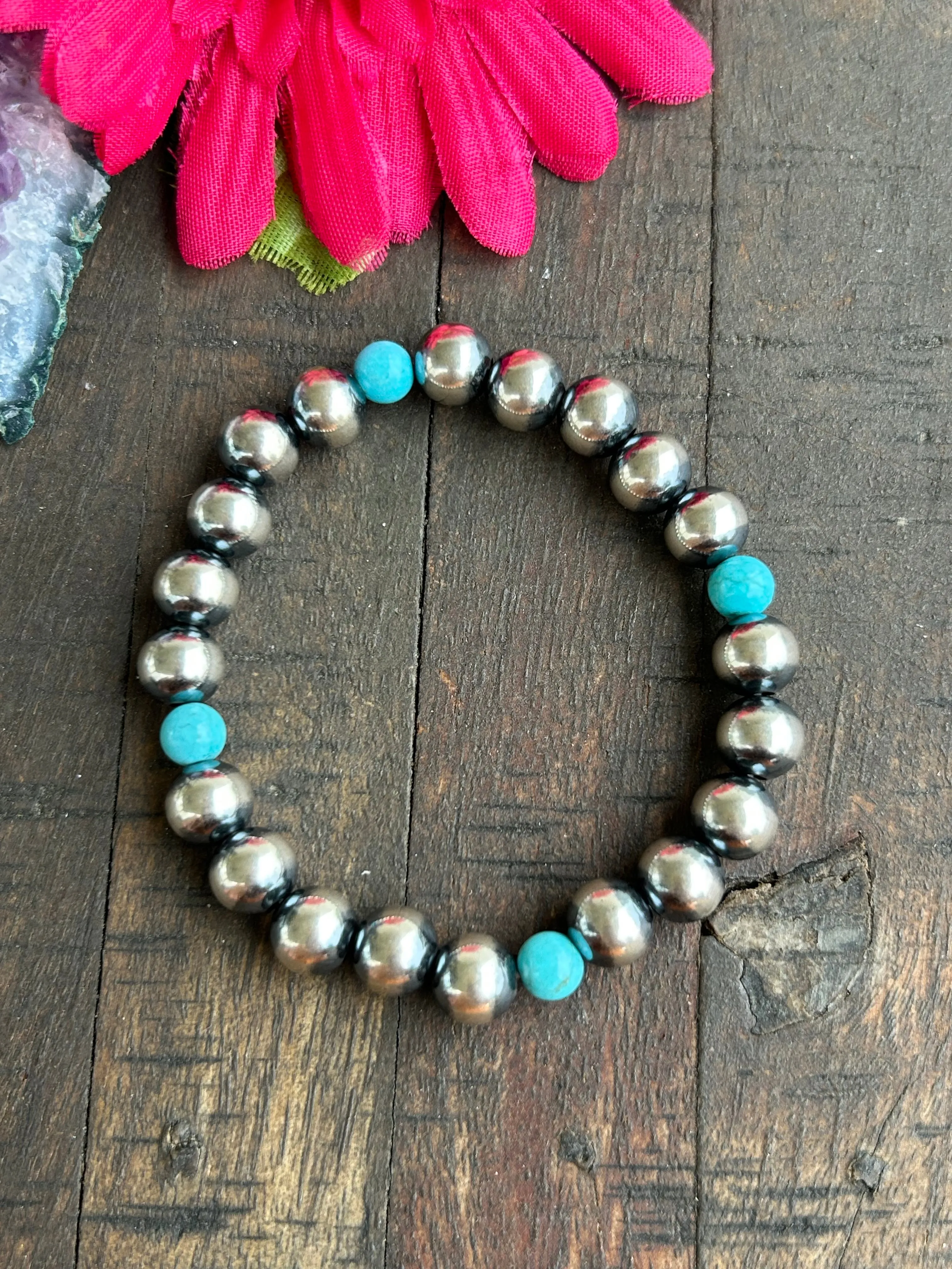 8mm Sterling Pearl and Turquoise Stretch Bracelet