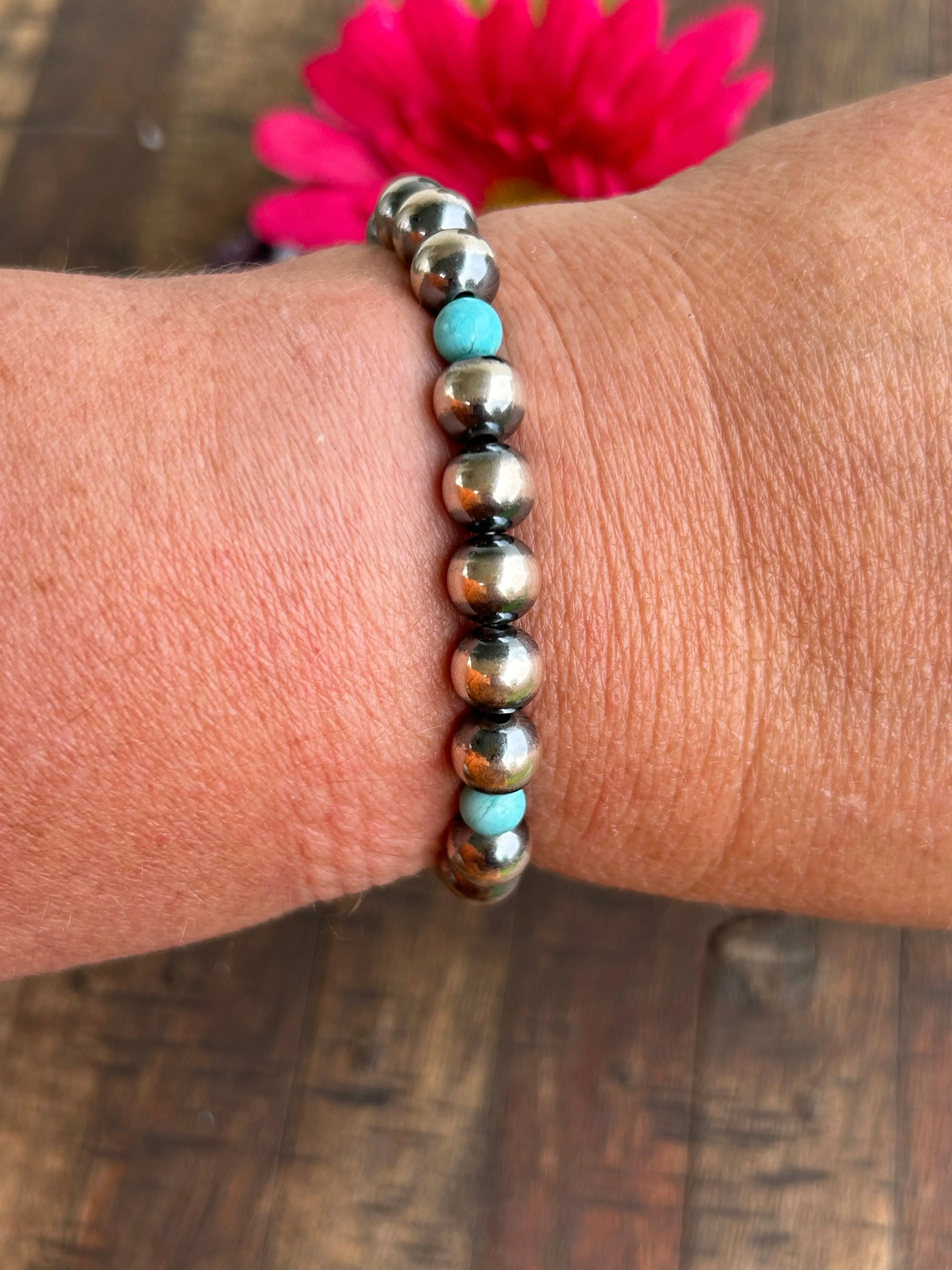 8mm Sterling Pearl and Turquoise Stretch Bracelet