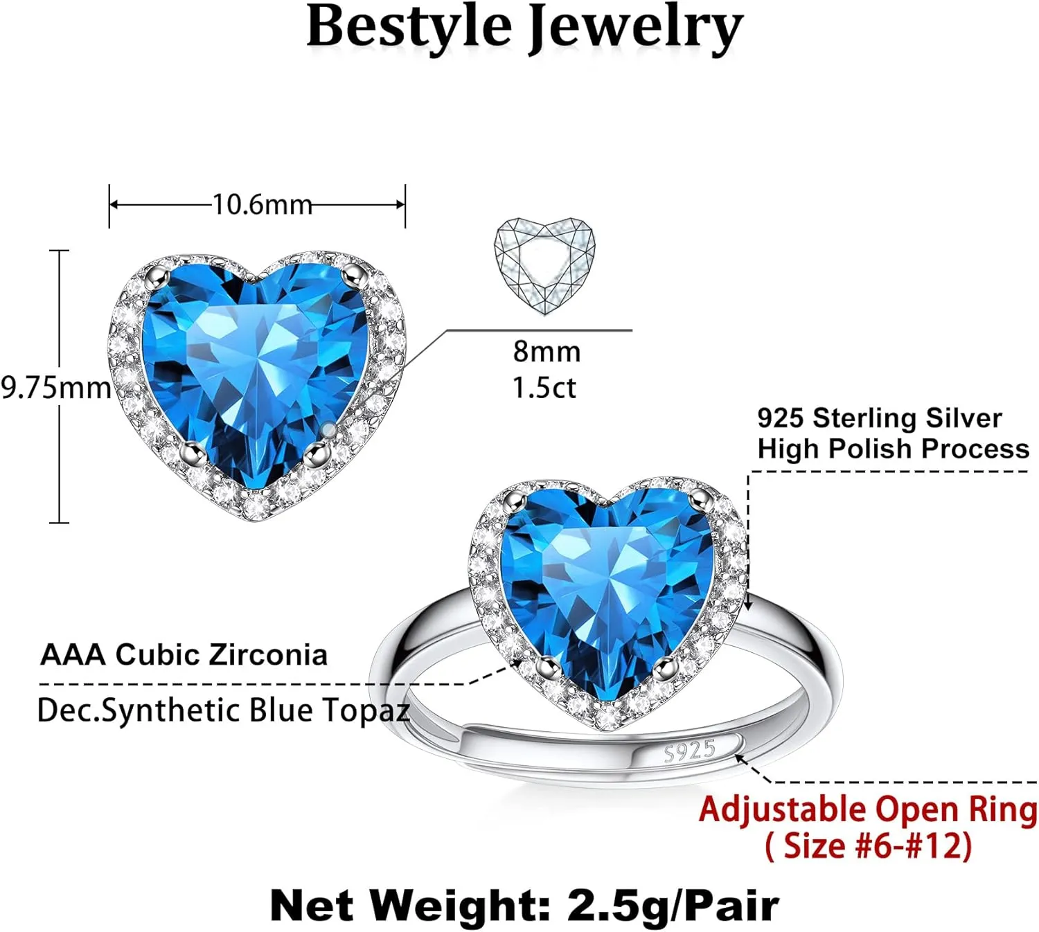 925 Sterling Silver Birthstone Rings for Women Girls with Clear 2ct Heart/Round/Teardrop/Square Crystal, Solitaire Diamond Halo Open Bands Cubic Zirconia Rings Adjustable Size#6-#12