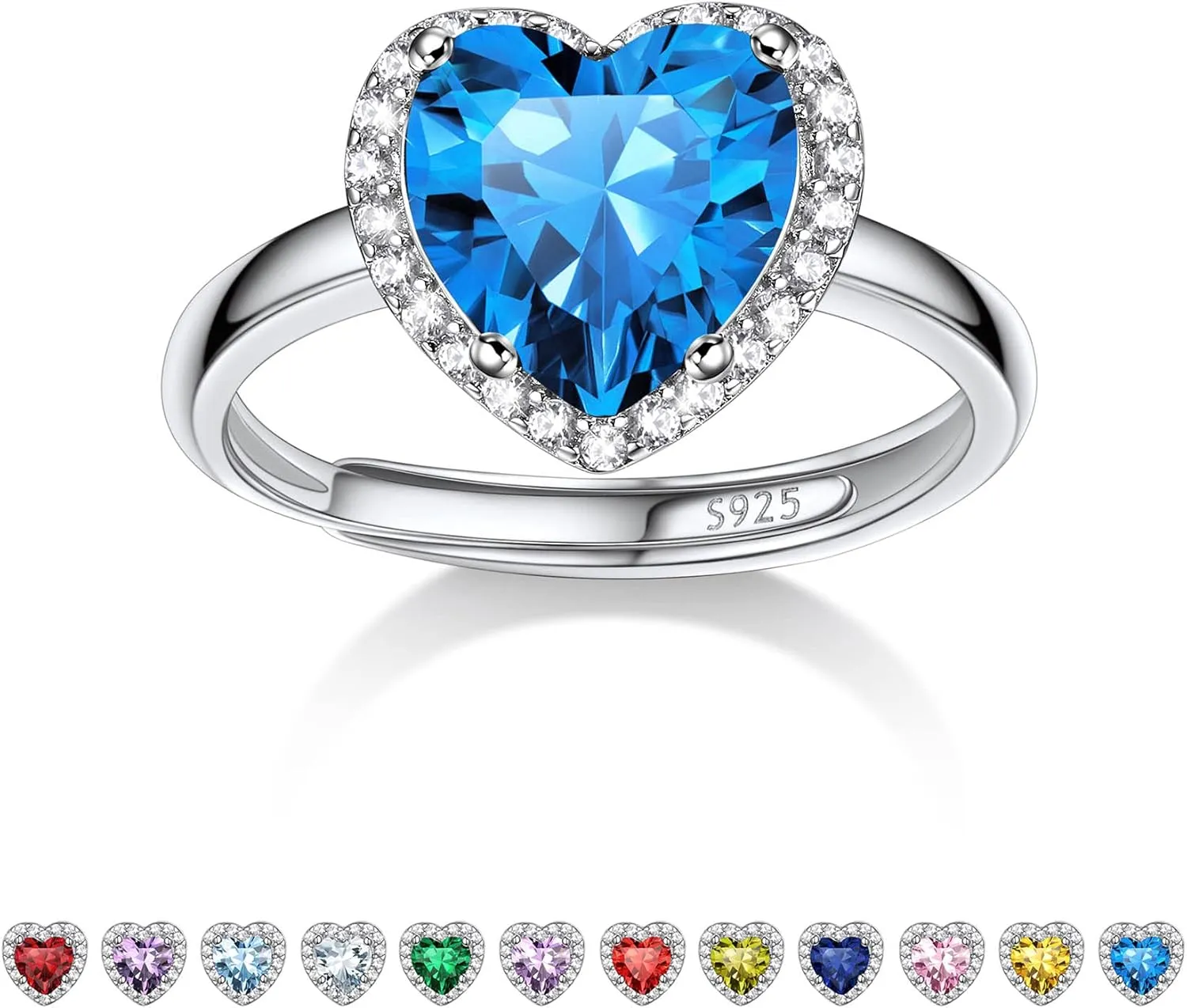 925 Sterling Silver Birthstone Rings for Women Girls with Clear 2ct Heart/Round/Teardrop/Square Crystal, Solitaire Diamond Halo Open Bands Cubic Zirconia Rings Adjustable Size#6-#12