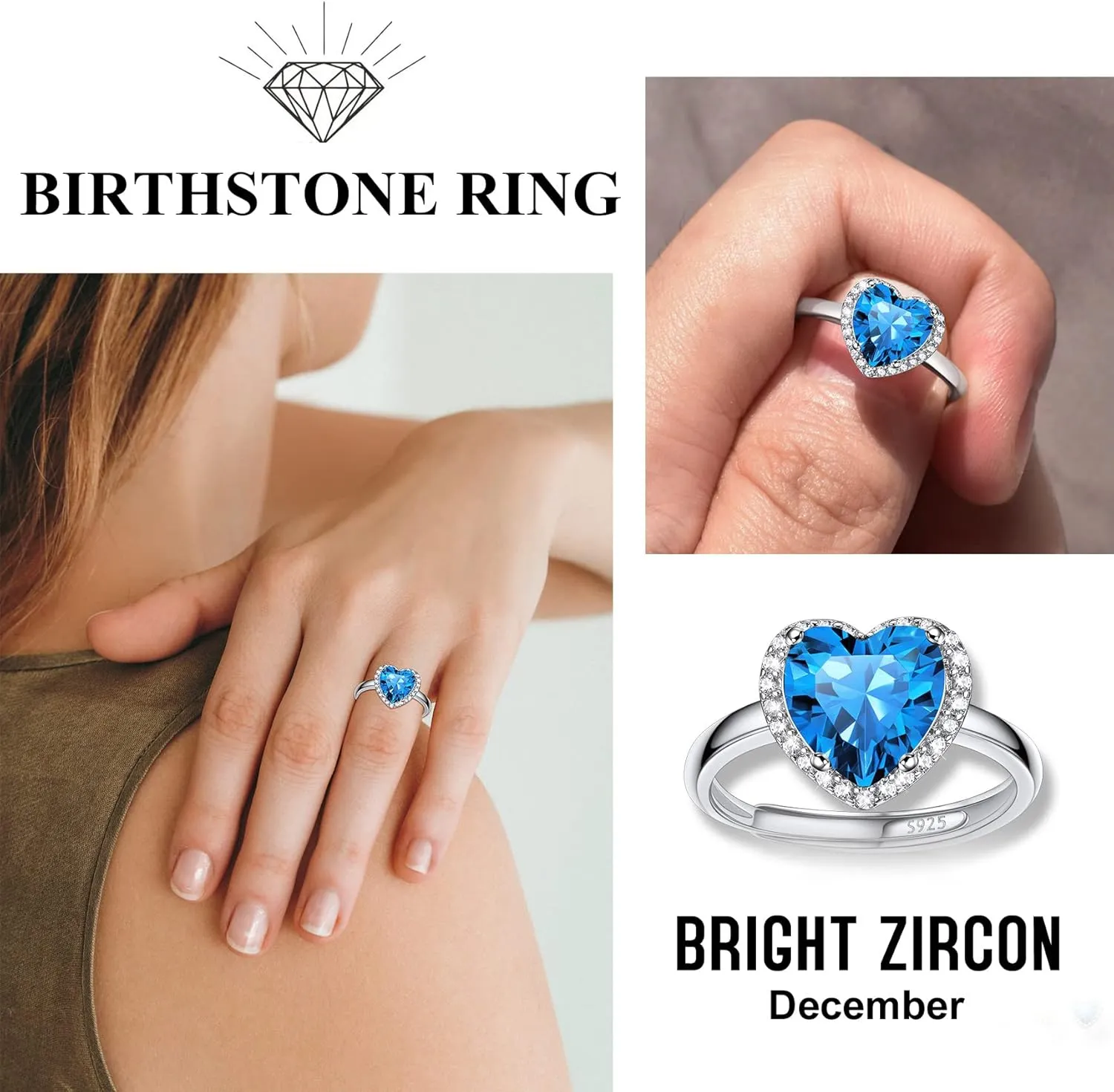 925 Sterling Silver Birthstone Rings for Women Girls with Clear 2ct Heart/Round/Teardrop/Square Crystal, Solitaire Diamond Halo Open Bands Cubic Zirconia Rings Adjustable Size#6-#12