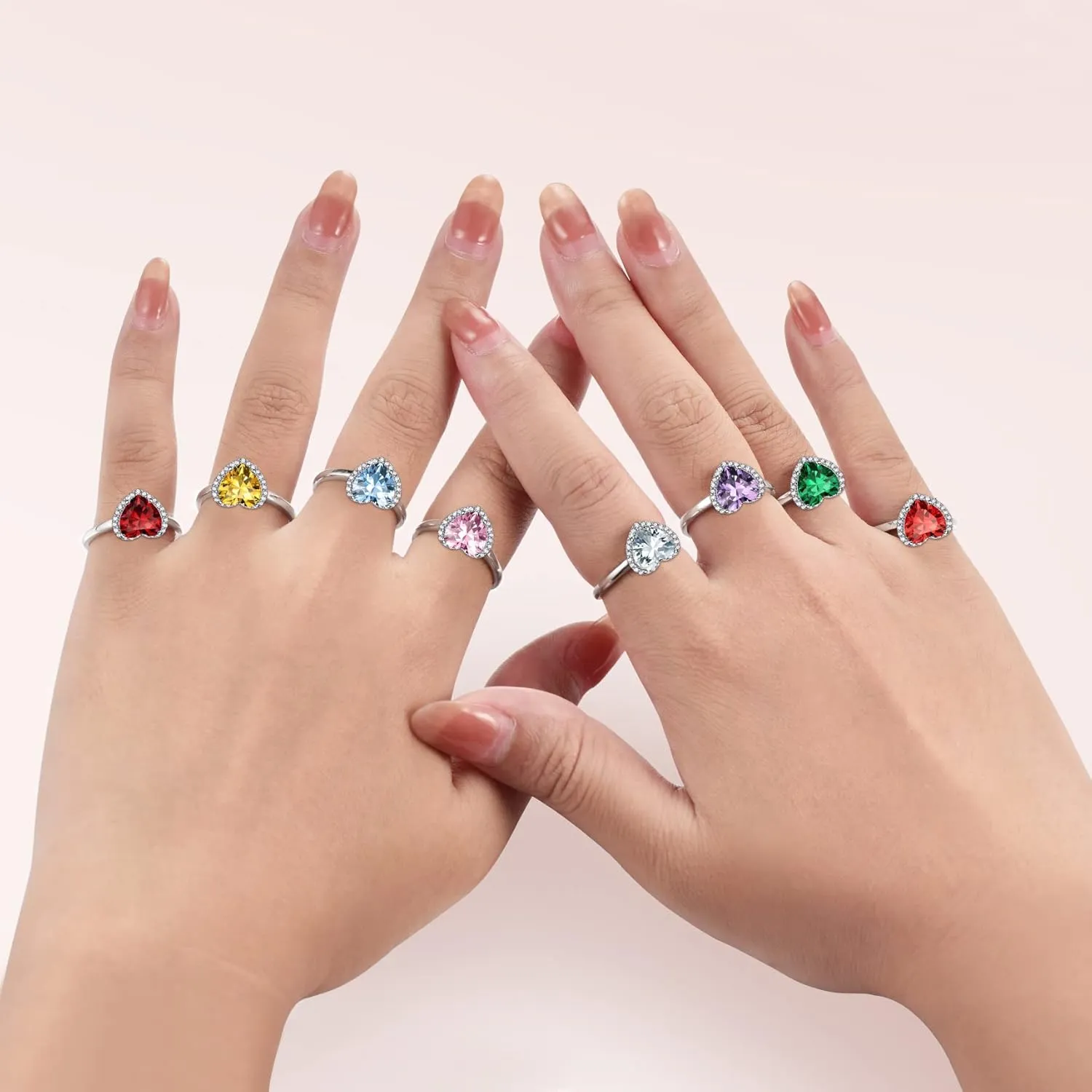 925 Sterling Silver Birthstone Rings for Women Girls with Clear 2ct Heart/Round/Teardrop/Square Crystal, Solitaire Diamond Halo Open Bands Cubic Zirconia Rings Adjustable Size#6-#12