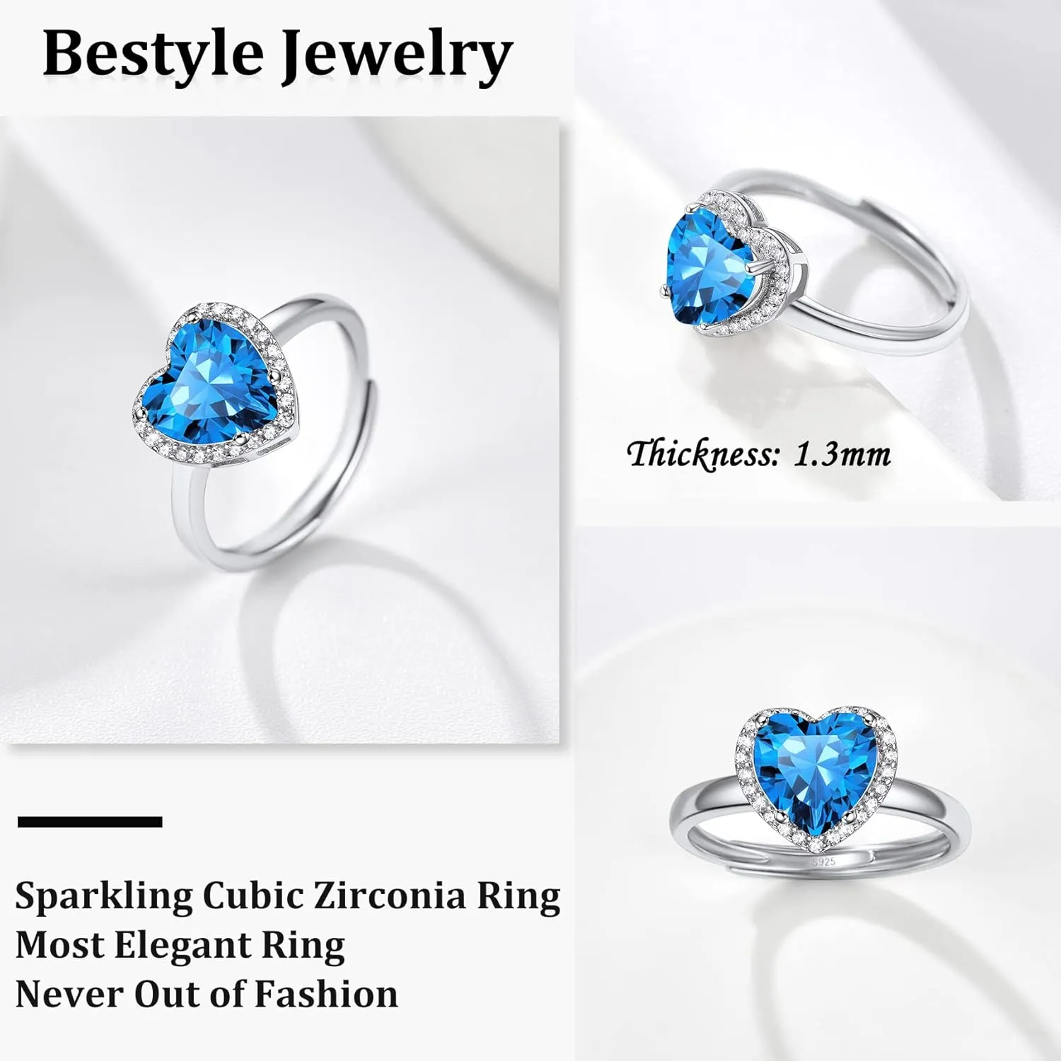 925 Sterling Silver Birthstone Rings for Women Girls with Clear 2ct Heart/Round/Teardrop/Square Crystal, Solitaire Diamond Halo Open Bands Cubic Zirconia Rings Adjustable Size#6-#12