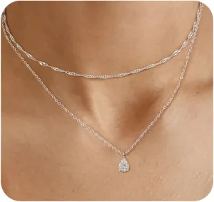 ACECHA Silver Layered Necklaces for Women, Dainty Singapore Chain Choker Necklace with Simple Diamond Pendant Trendy Charm Jewelry Gifts