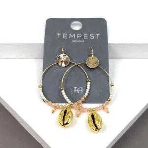 Delicate hoop earrings with mini cowrie shell component