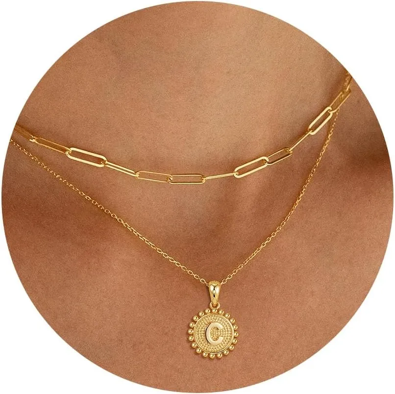 Initial Necklaces for Women - 18K Solid Gold Over Layered Gold Necklace Cute Hexagon Letter Initial Necklace Gold Layered Necklaces for Women Jewelry Gifts