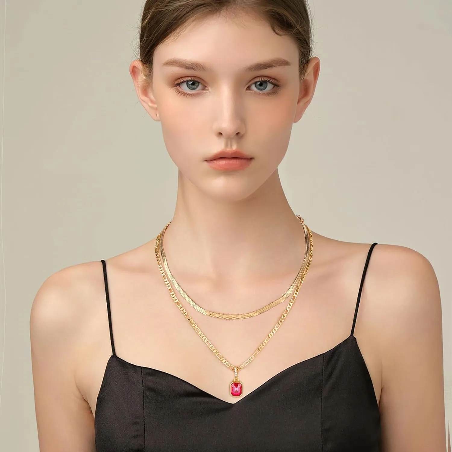 Mesovor Gold Crystal Layered Necklaces for Women Trendy, 18K Gold Plated Statement Crystal Pendant Necklace | Birthstone Necklace Jewelry Gifts