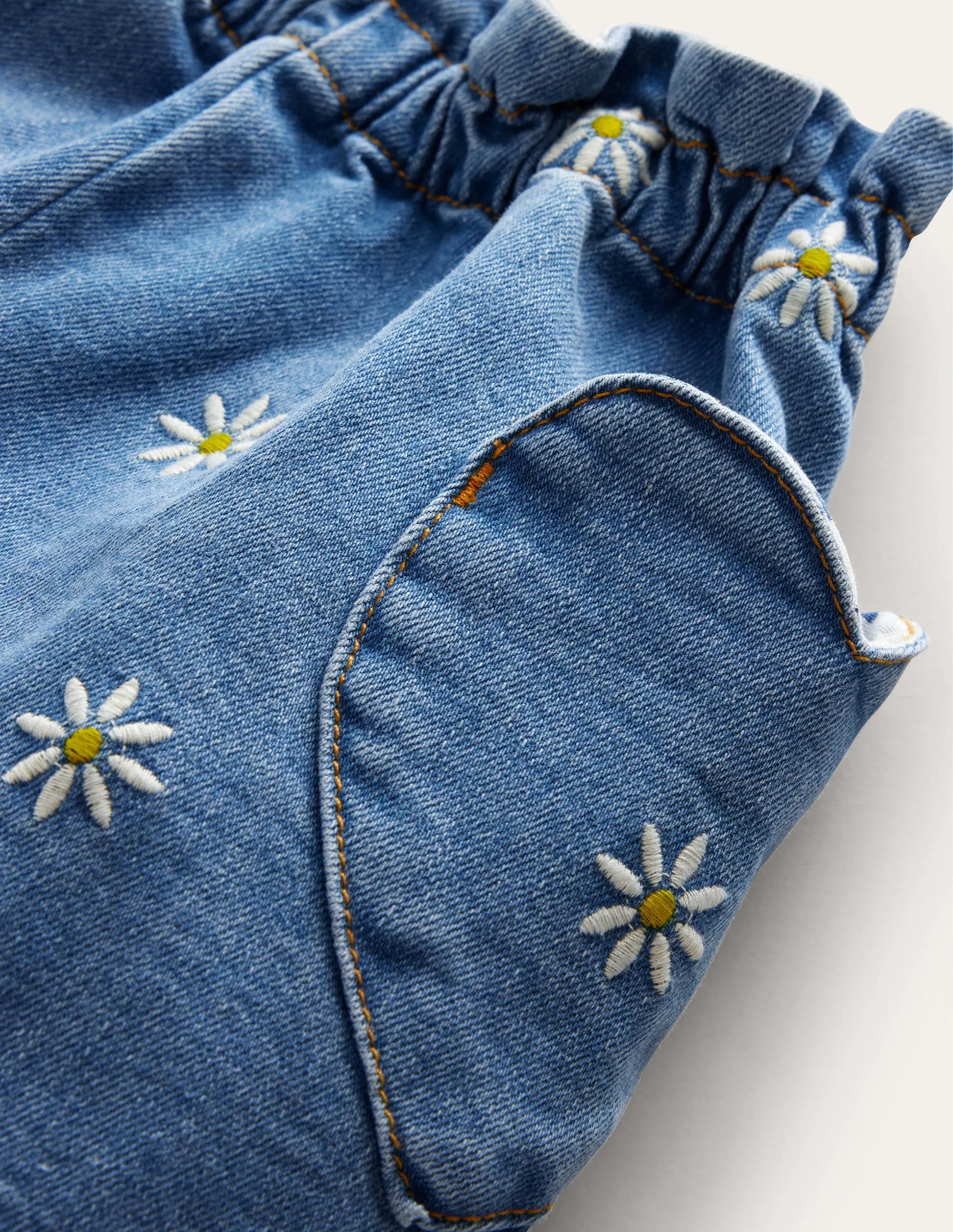Pull-on Trousers-Mid Vintage Embroidered Daisy