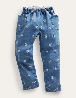 Pull-on Trousers-Mid Vintage Embroidered Daisy