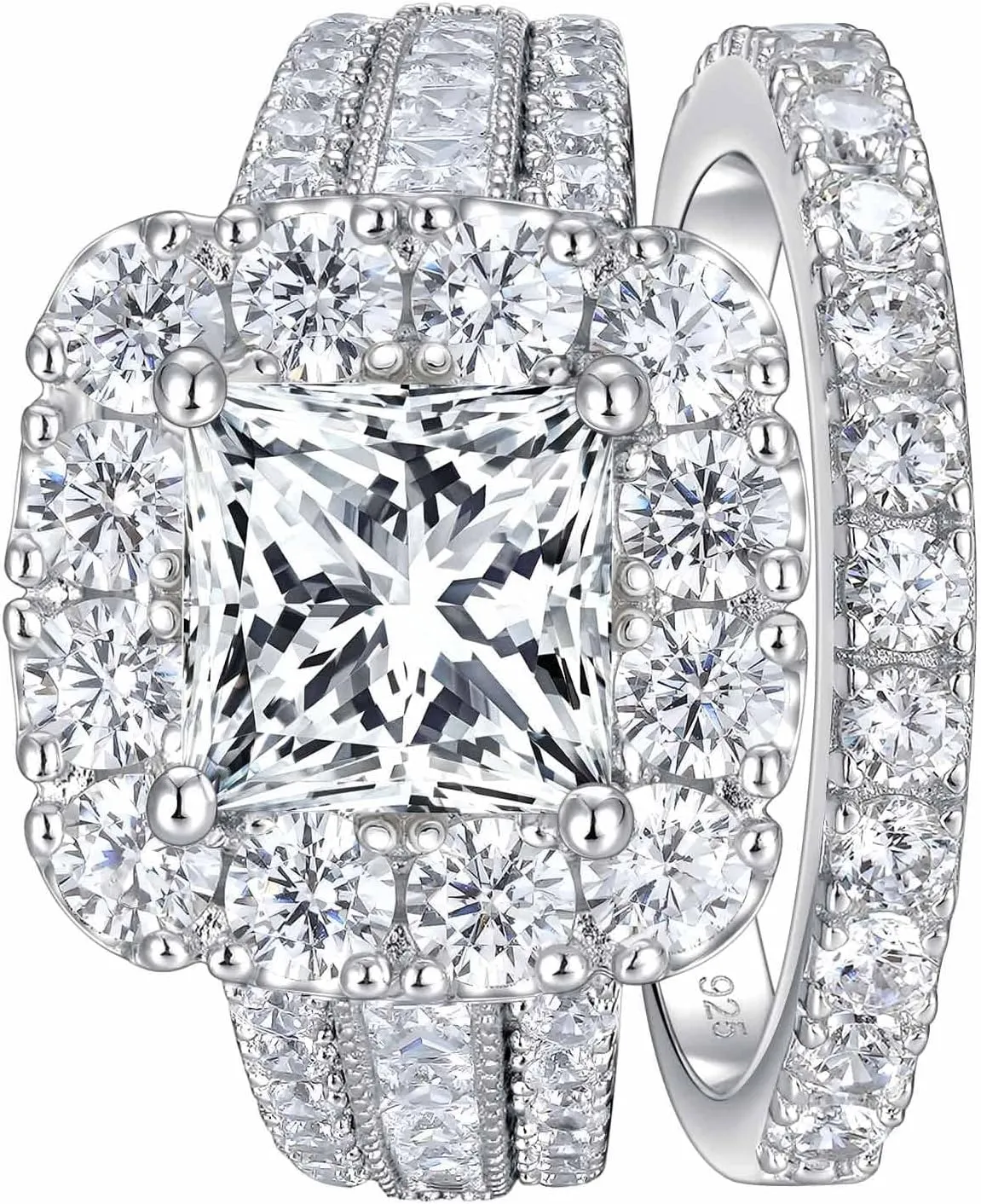 SHELOVES Vintage Style Princess Halo AAAAA CZ Wedding Engagement Ring Sets for Women 925 Sterling Silver 5-10