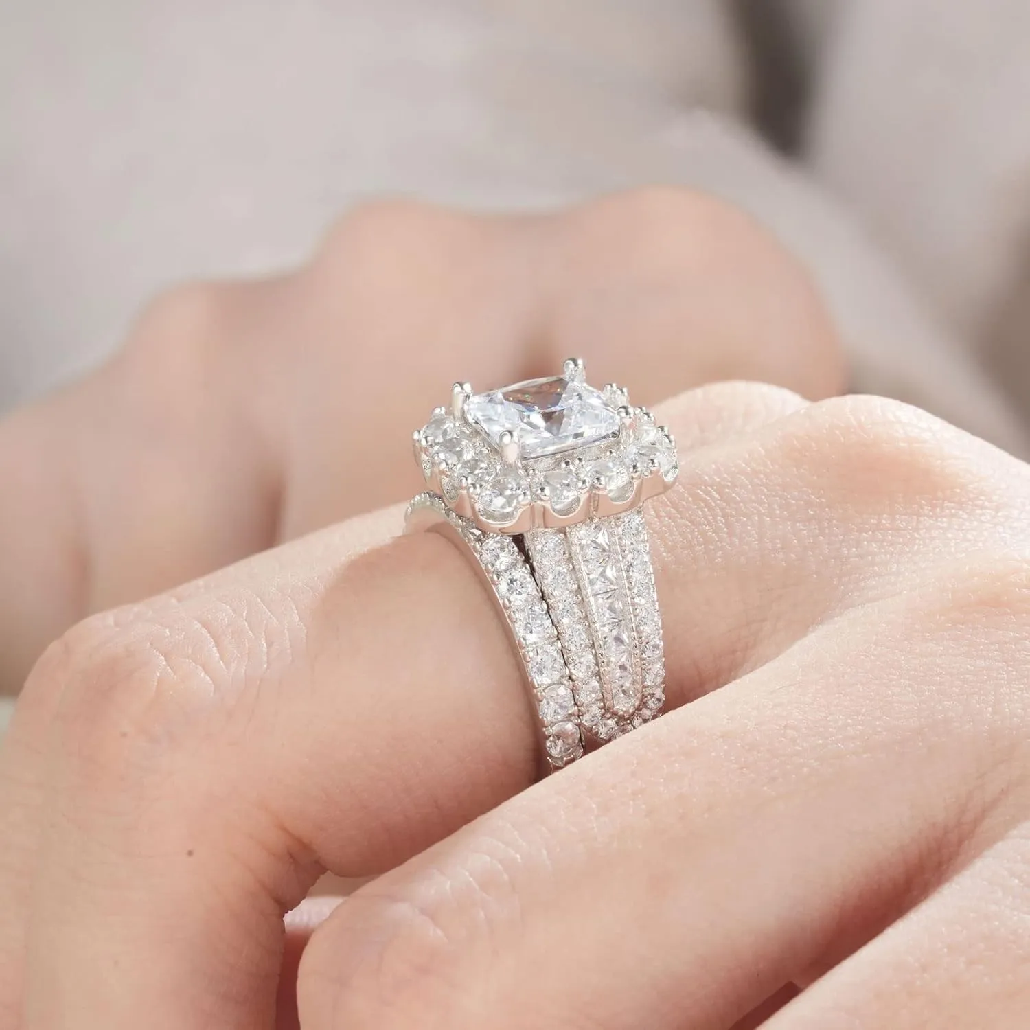 SHELOVES Vintage Style Princess Halo AAAAA CZ Wedding Engagement Ring Sets for Women 925 Sterling Silver 5-10