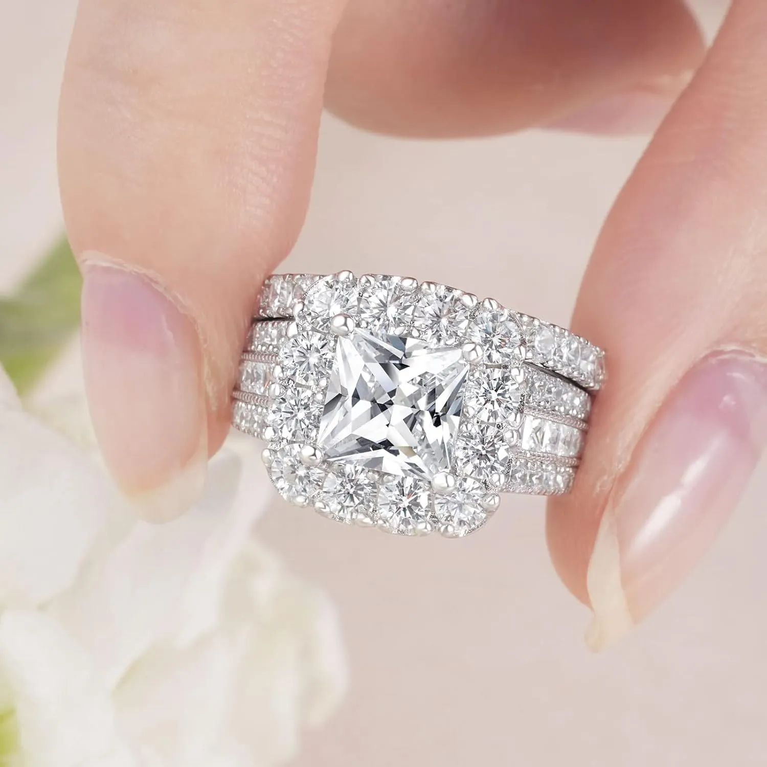SHELOVES Vintage Style Princess Halo AAAAA CZ Wedding Engagement Ring Sets for Women 925 Sterling Silver 5-10