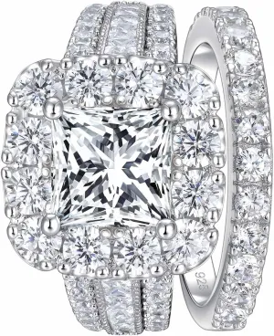 SHELOVES Vintage Style Princess Halo AAAAA CZ Wedding Engagement Ring Sets for Women 925 Sterling Silver 5-10