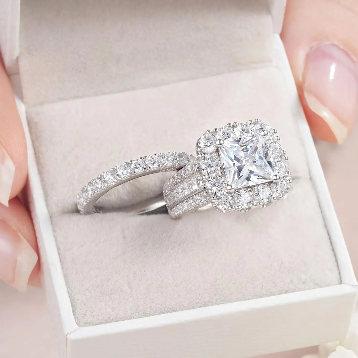 SHELOVES Vintage Style Princess Halo AAAAA CZ Wedding Engagement Ring Sets for Women 925 Sterling Silver 5-10
