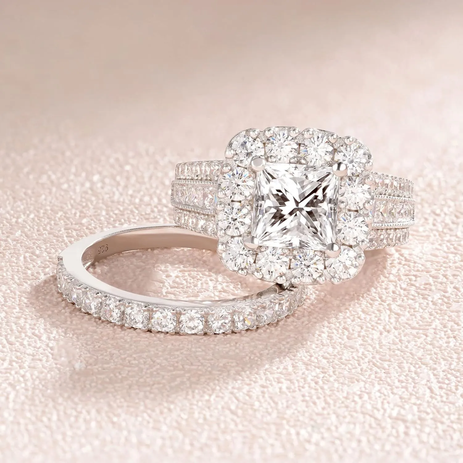 SHELOVES Vintage Style Princess Halo AAAAA CZ Wedding Engagement Ring Sets for Women 925 Sterling Silver 5-10