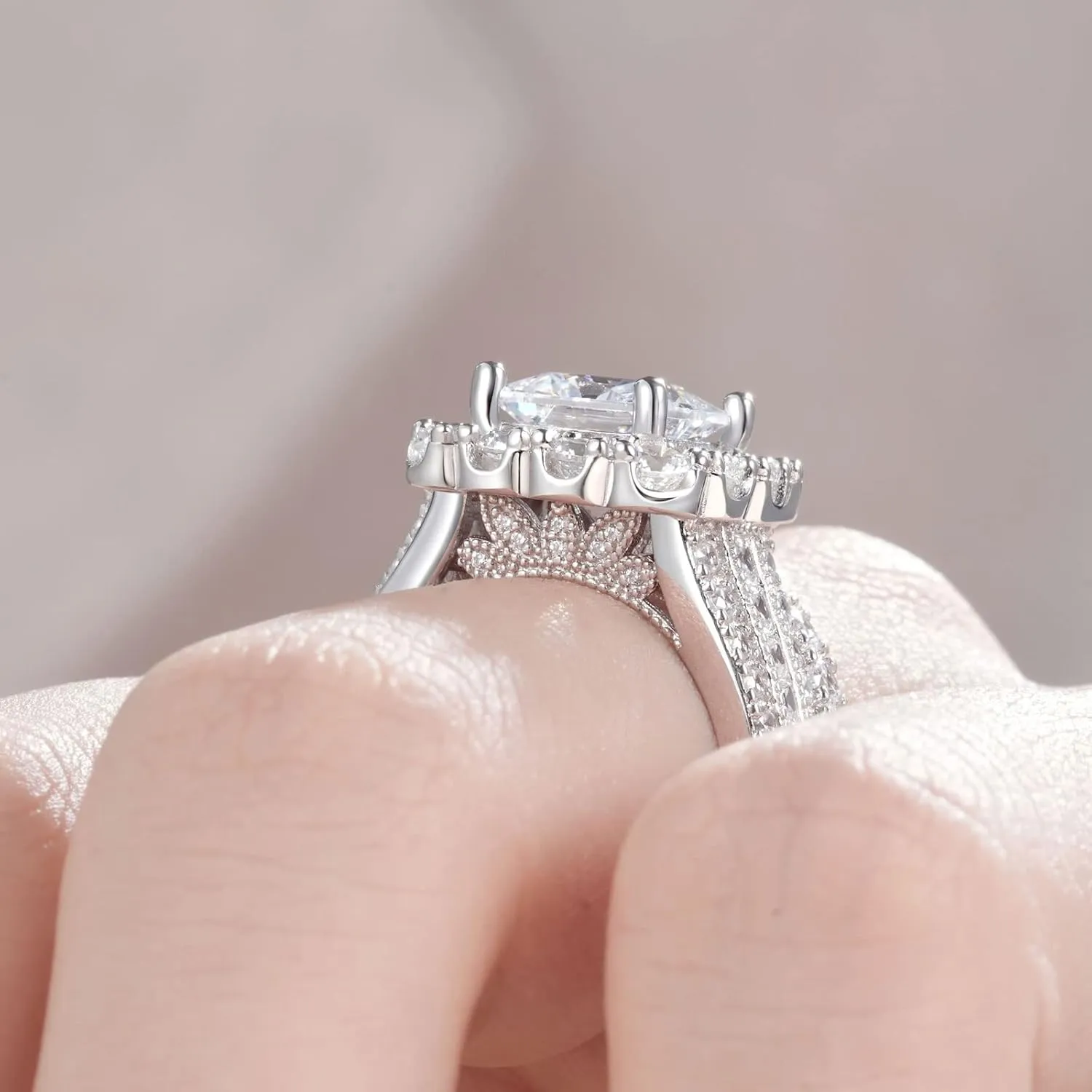 SHELOVES Vintage Style Princess Halo AAAAA CZ Wedding Engagement Ring Sets for Women 925 Sterling Silver 5-10