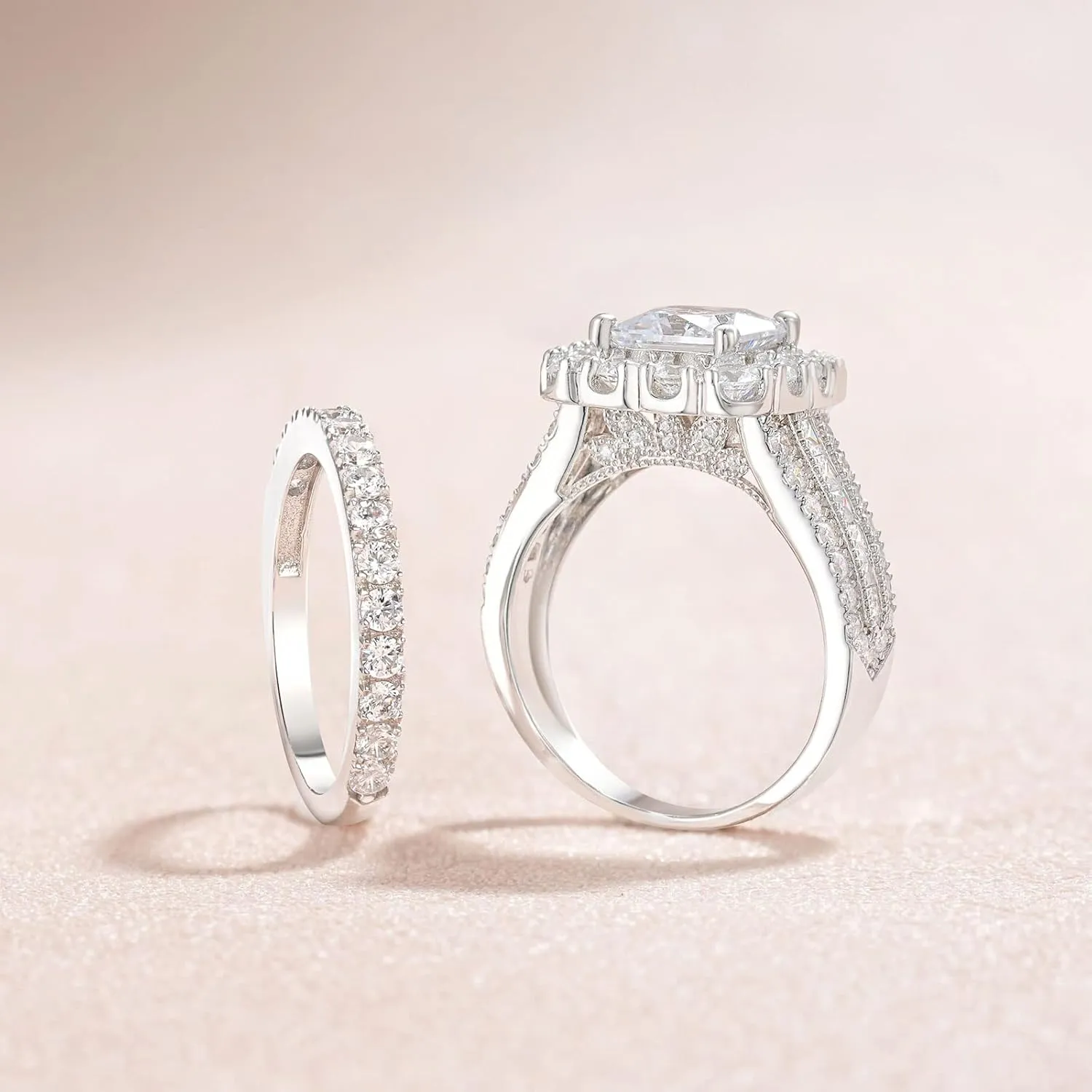 SHELOVES Vintage Style Princess Halo AAAAA CZ Wedding Engagement Ring Sets for Women 925 Sterling Silver 5-10