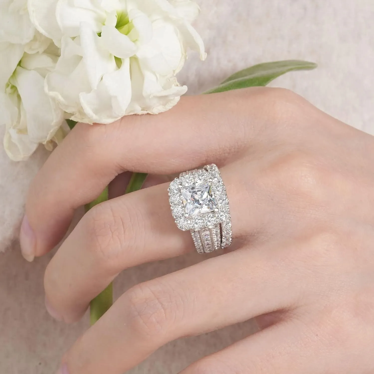 SHELOVES Vintage Style Princess Halo AAAAA CZ Wedding Engagement Ring Sets for Women 925 Sterling Silver 5-10