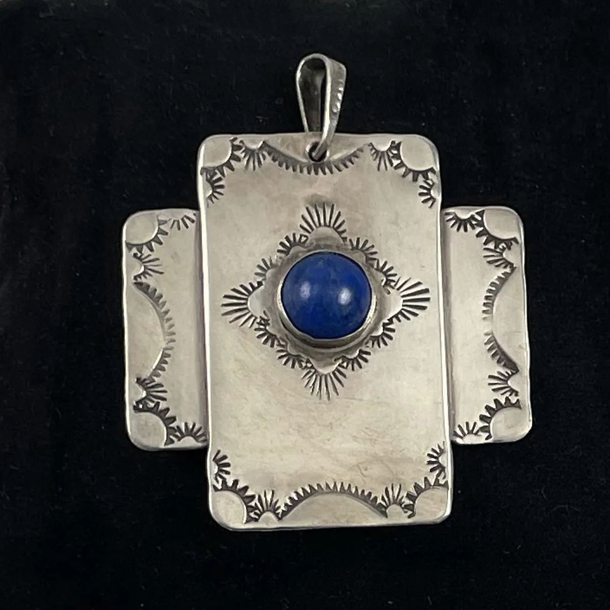 Sterling & Lapis Cross Pendant Vintage Mexican Silver